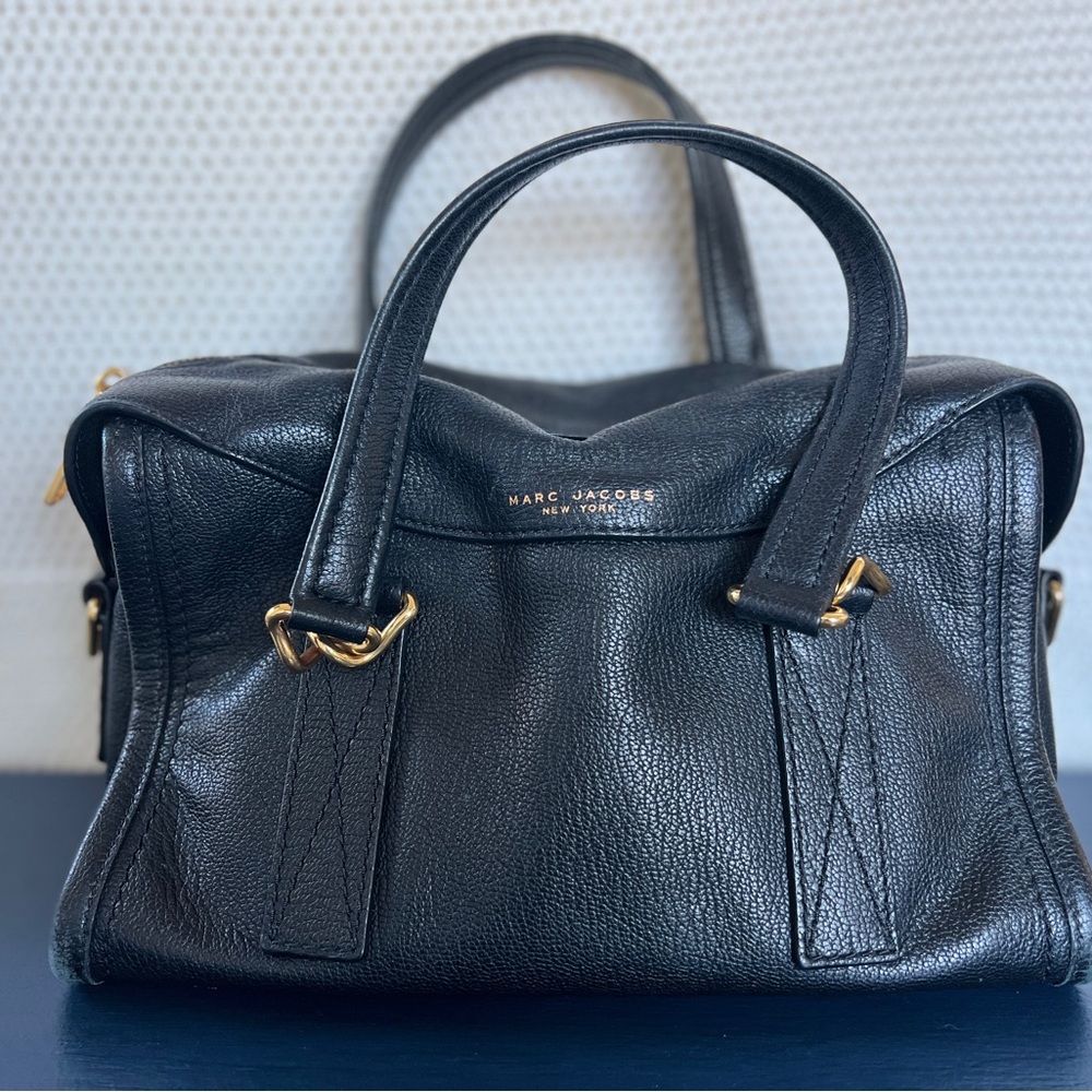 Marc Jacobs Black Leather Satchel with Gold Hardware Accents
